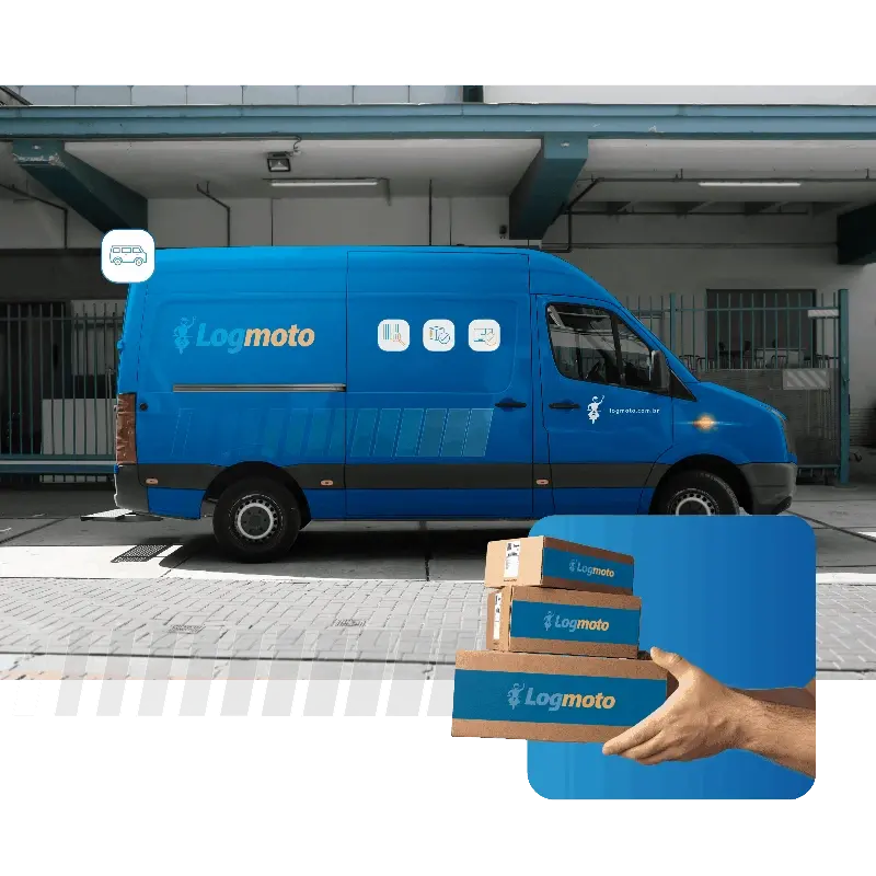 Homem segurando caixa com adesivos PNG